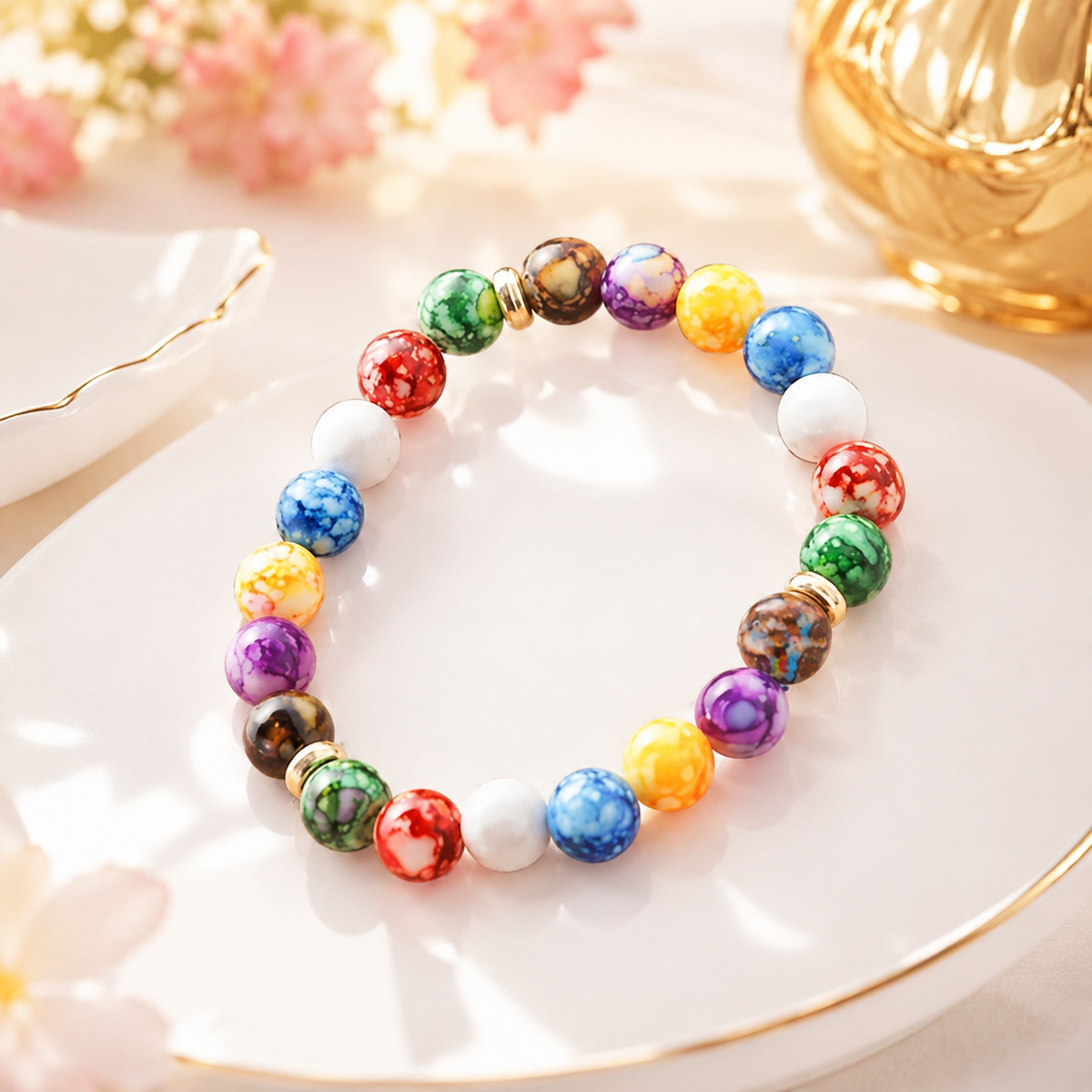 Bijou artisanal léger pour femme avec perles colorées marbrées.