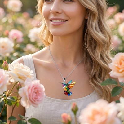 Bijou artisanal oiseau aux plumes ciselées et couleurs éclatantes.