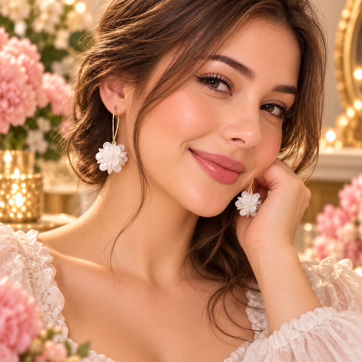 Bijoux d'oreilles fleuris de taille moyenne garnis de perles.