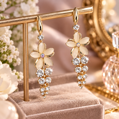 Boucle d'oreille florale dorée avec perle nacrée et cristaux