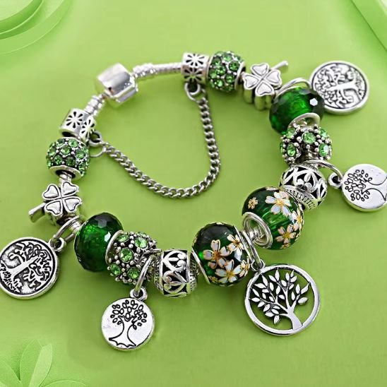 Bracelet arbre de vie argenté avec pendentif et perles colorées