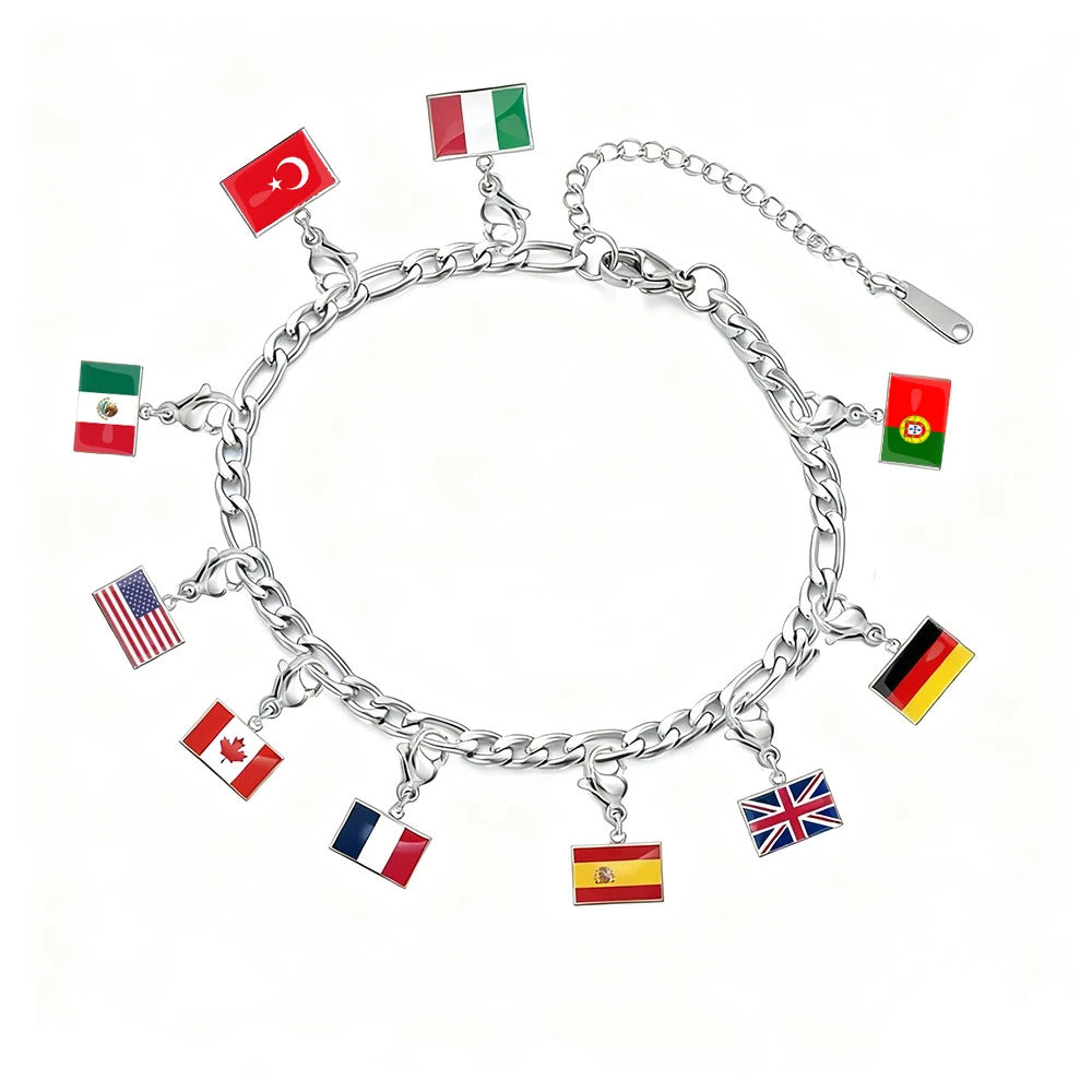 Bracelet à breloques drapeaux en acier inoxydable.