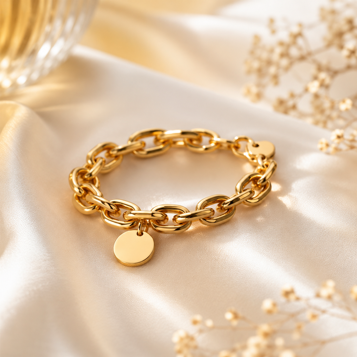 Bracelet doré pour femme porté avec une tenue chic