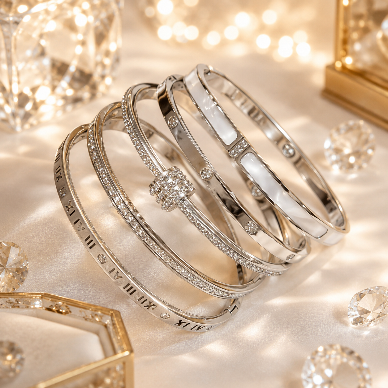 Bracelet femme en acier inoxydable aux finitions dorées et argentées.
