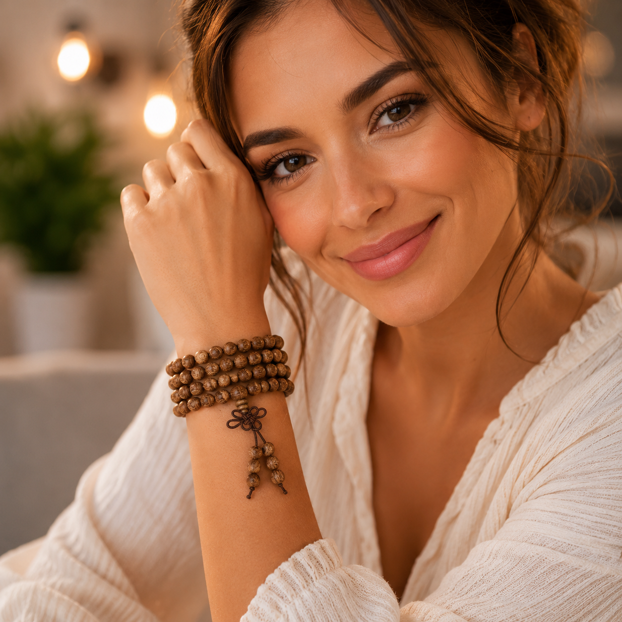 Bracelet femme en perles de bois naturel multifonction et ajustable