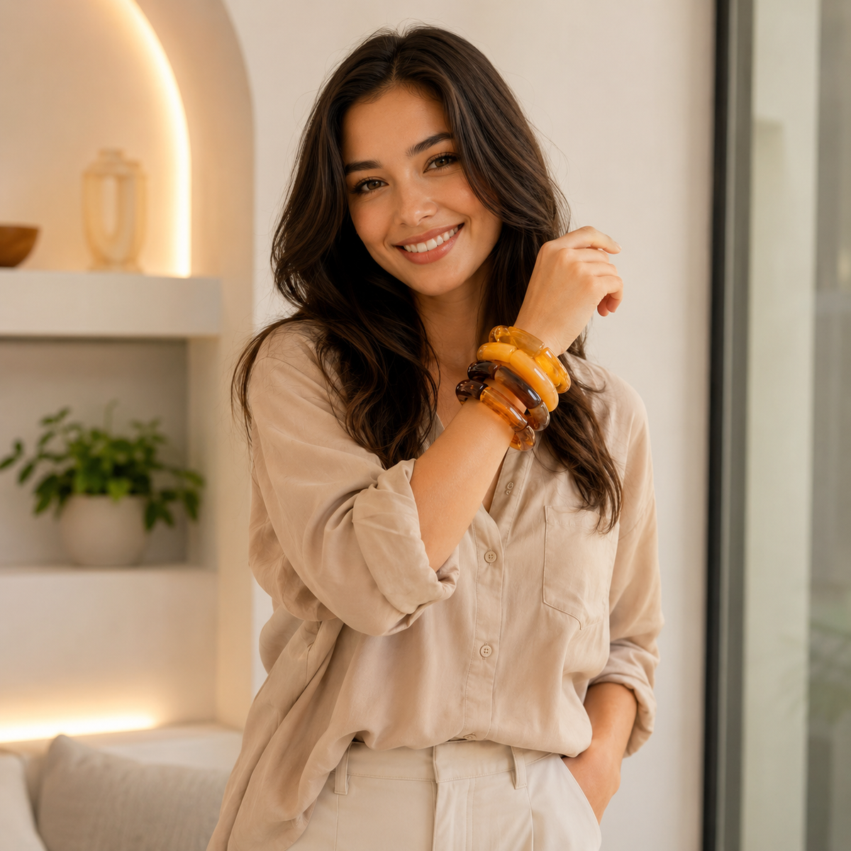 Bracelet jonc chunky en résine acrylique ambrée effet rétro pour femme