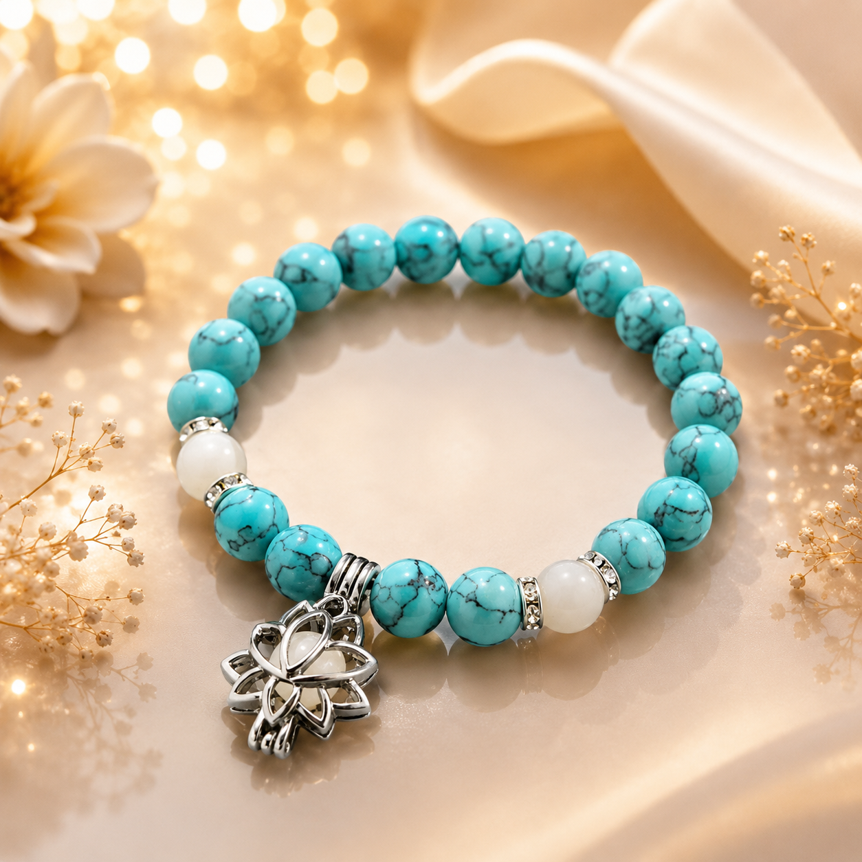 Bracelet perles turquoise naturelles, perles blanches et charm lotus argenté.