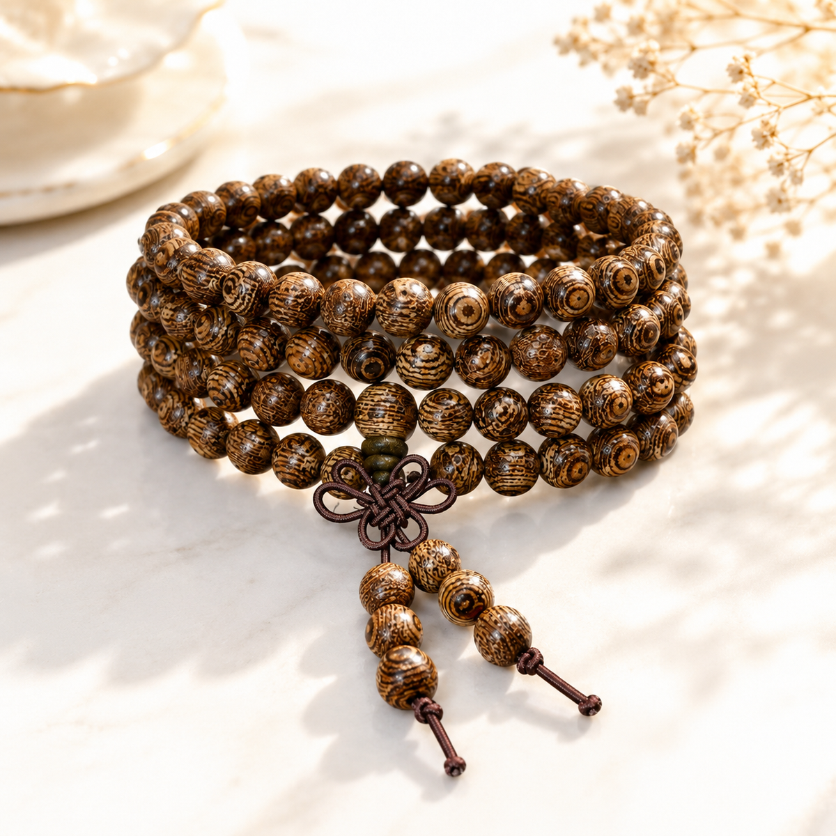 Bracelet style mala bouddhiste en perles de bois poli.