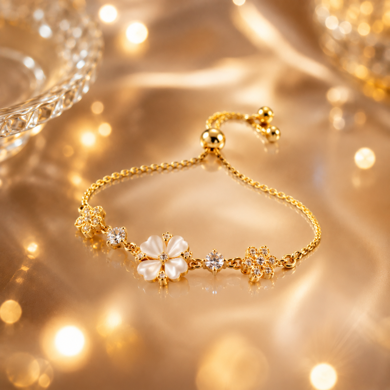 Bracelet trèfle élégant serti de perles et cristaux