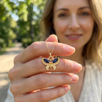 Collier pendentif femme papillon doré aux pierres bleu foncé.