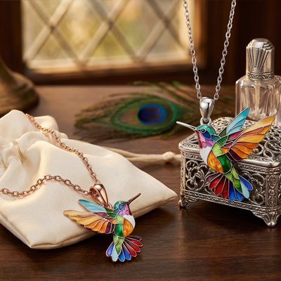 Collier pour femme avec pendentif colibri aux émaux multicolores.
