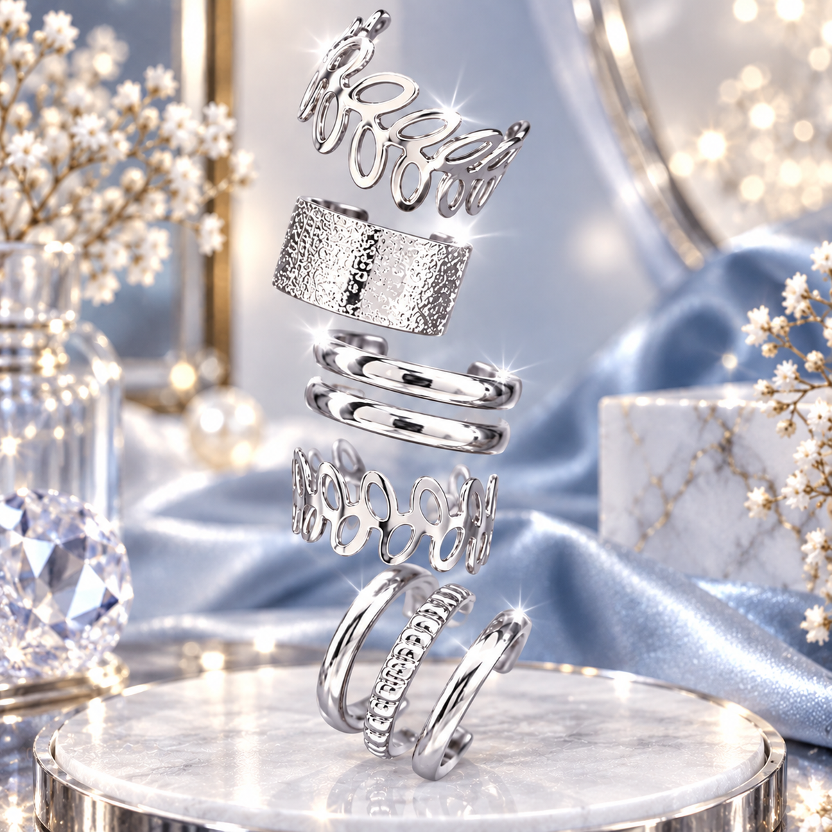Ensemble complet : Cinq bijoux d'oreilles clips dorés aux motifs géométriques et floraux présentés ensemble.