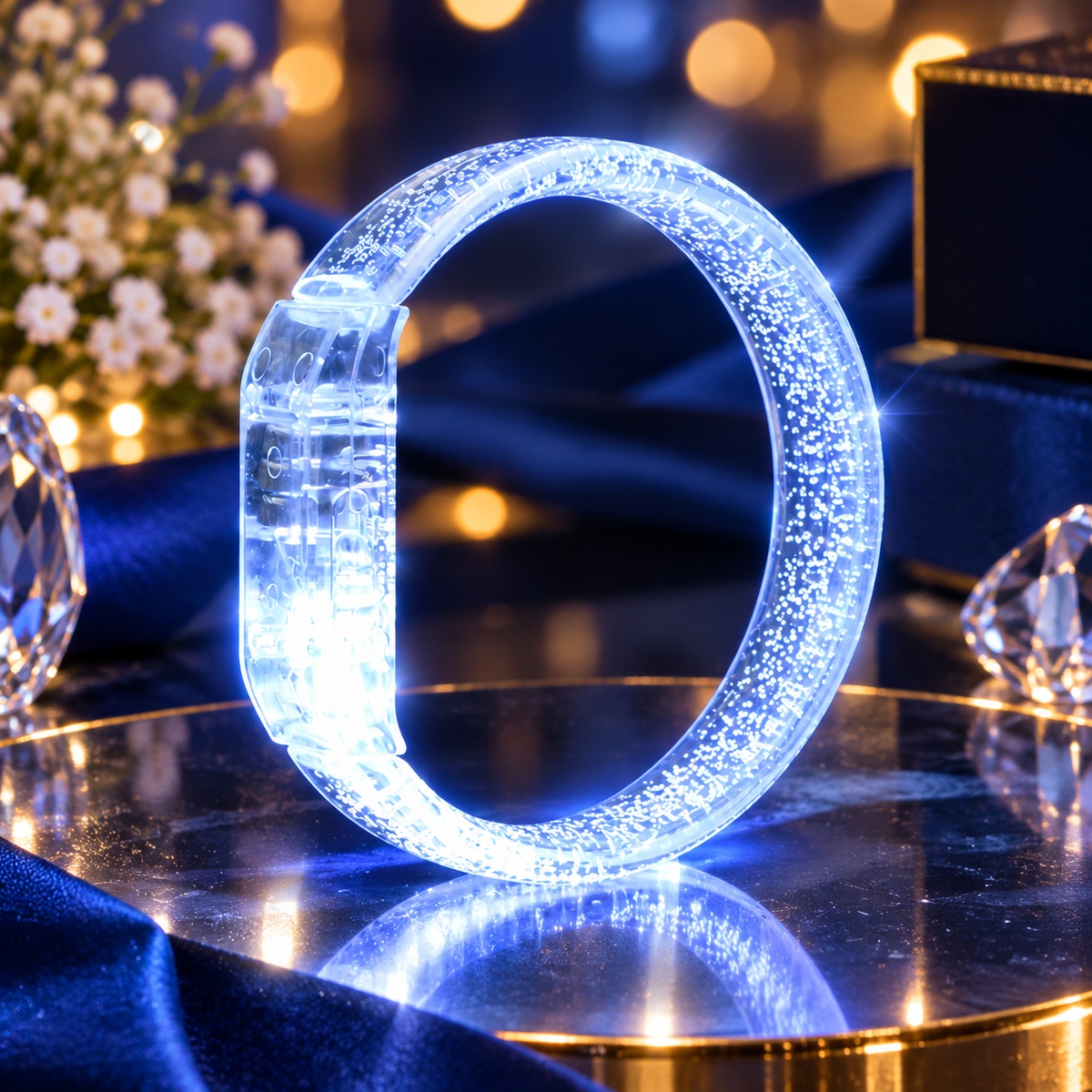 Gros plan sur un bracelet LED blanc prêt à l'emploi