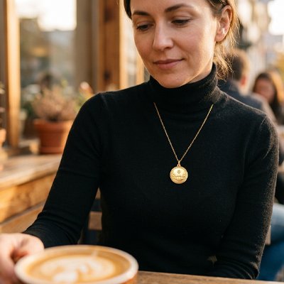 Pendentif artisanal rond de style vintage avec finitions polies.