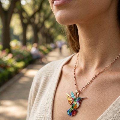 Pendentif colibri coloré en relief tridimensionnel sur chaîne ajustable.