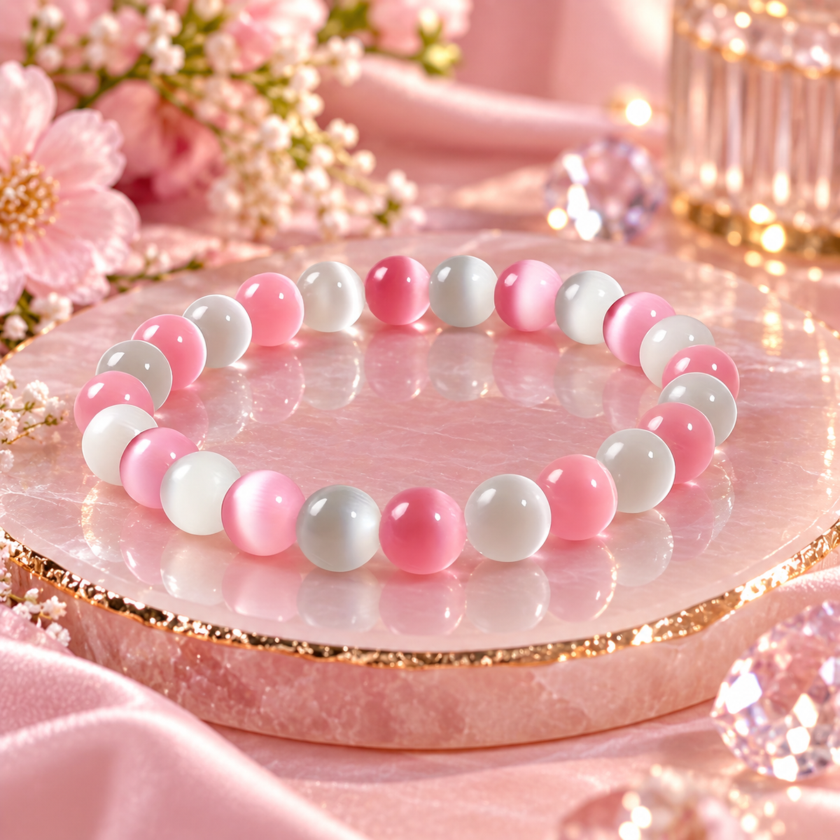 Perles rondes œil-de-chat roses, blanches et bleues.