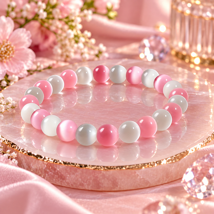 Perles rondes œil-de-chat roses, blanches et bleues.