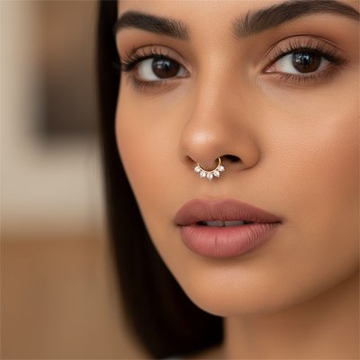 Piercing a septum dore orne de cristaux brillants et elegants