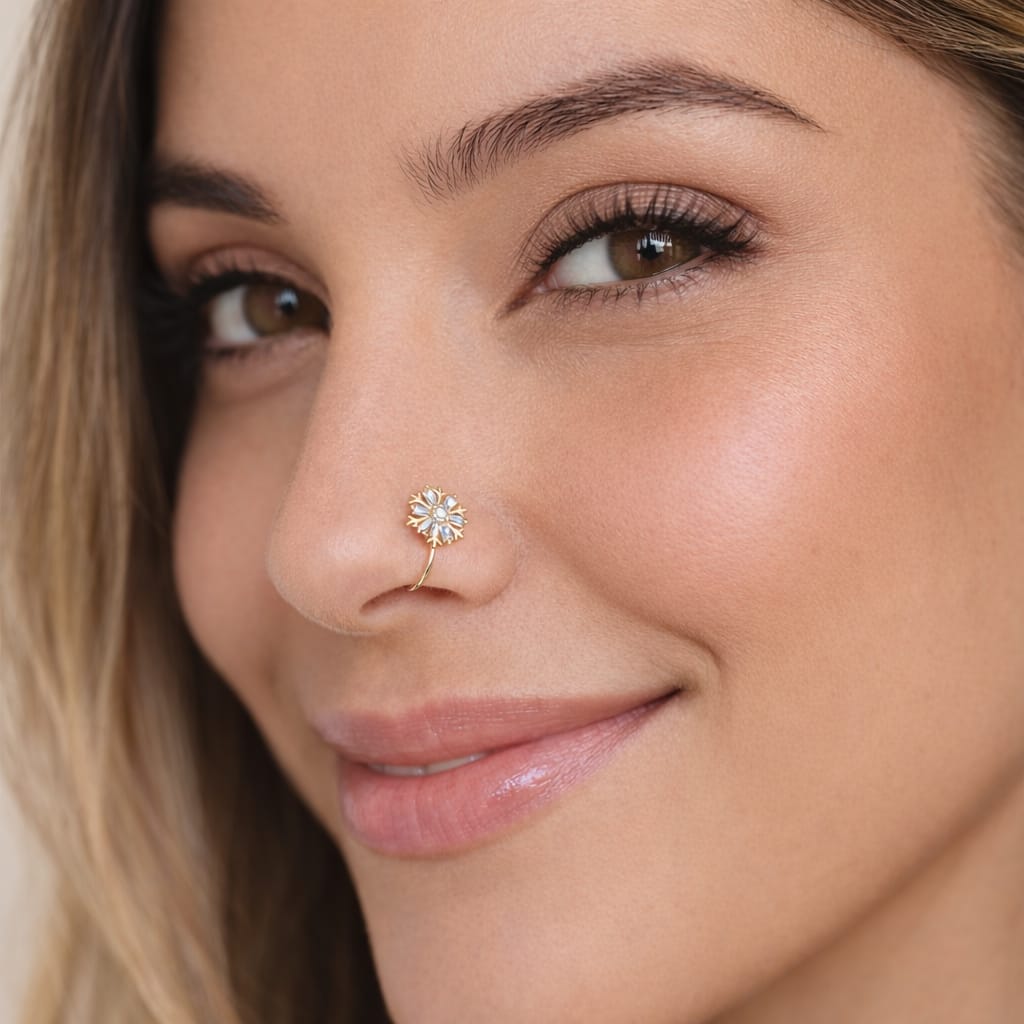 Piercing nez anneau orné de zircons brillants et fleurs délicates
