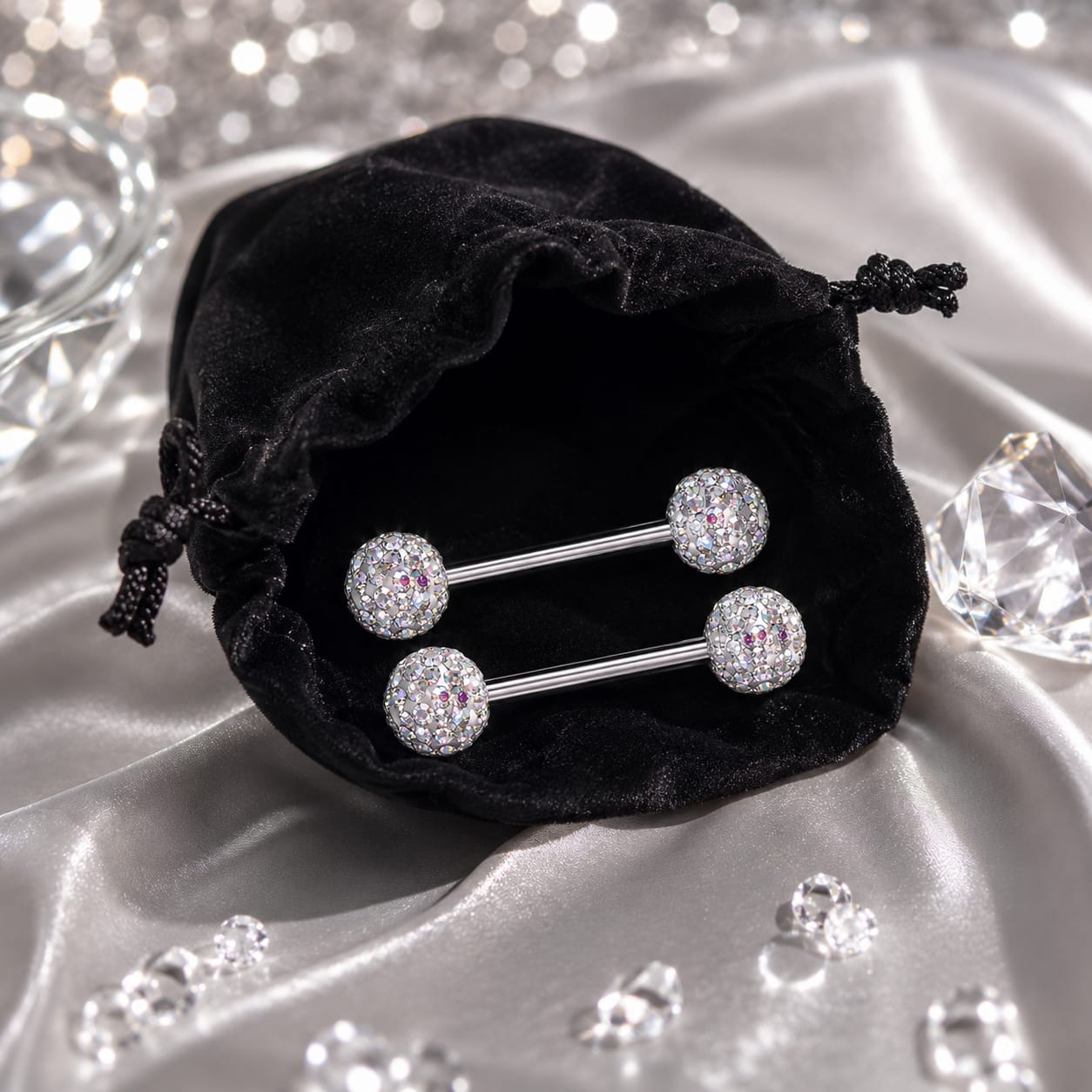 Piercing teton femme élégant avec cristaux scintillants en acier inoxydable.