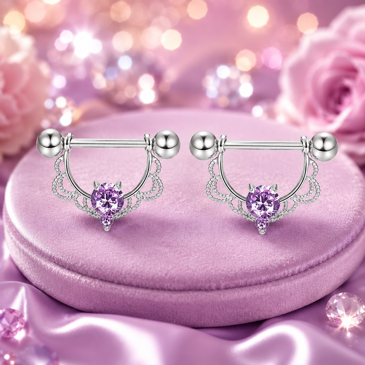 Piercing teton prix : bijou cœur rose aux cristaux brillants