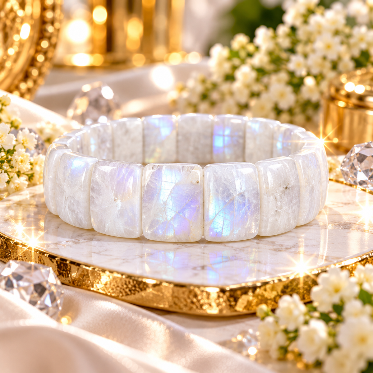 bracelet en pierre de lune naturelle aux reflets irisés
