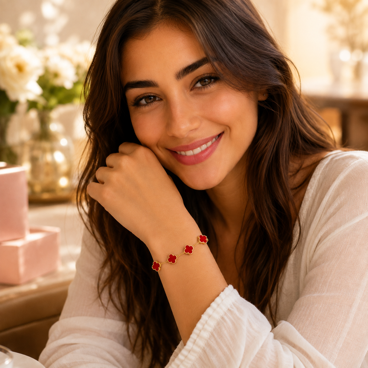 racelet doré en acier inoxydable avec motifs fleurs émaillées.